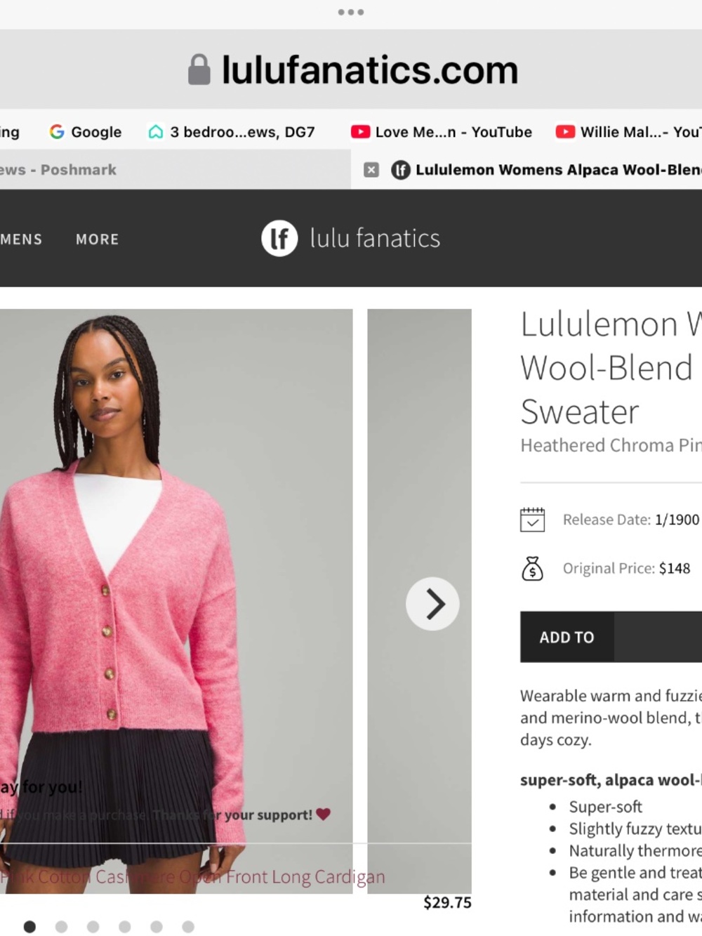 Lulu Lemon Lovely Pink Alpaca Cardigan